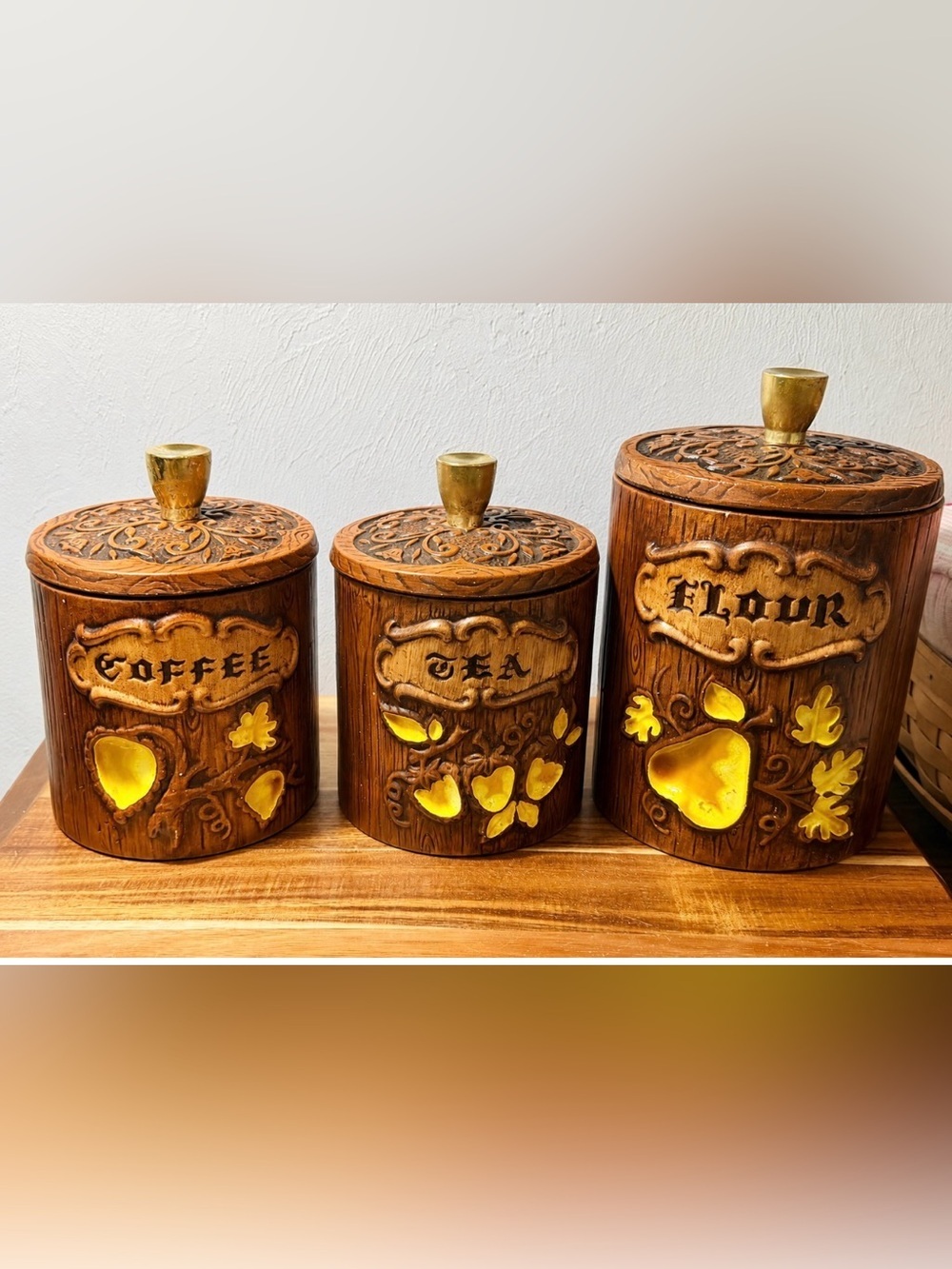 1970s Vintage Treasure Craft Flour, Coffee & Tea Canister Set
